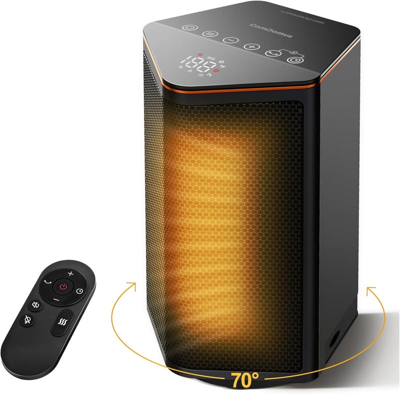 ComDomus Small Space Heater, 1500W Portable Electric Heaters for Indoor Use with Thermostat, 70° Oscillation, 5 Modes, 12H Timer, Black Room Heater for Office Bedroom Desk - Image 1